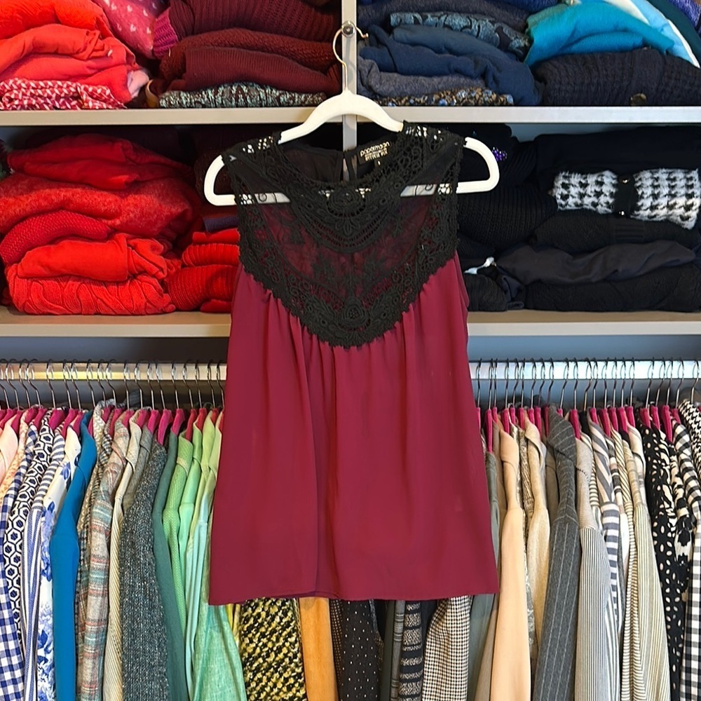 Paper moon red/black embroidered semi sheer sleeveless top size S